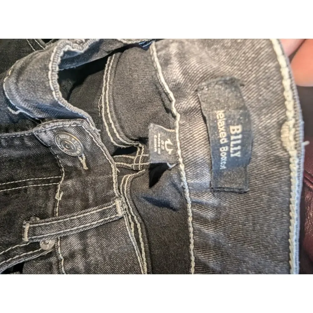 True Religion Mens Billy Relaxed Bootcut Jeans Black White Contrast Stitch Sz 32